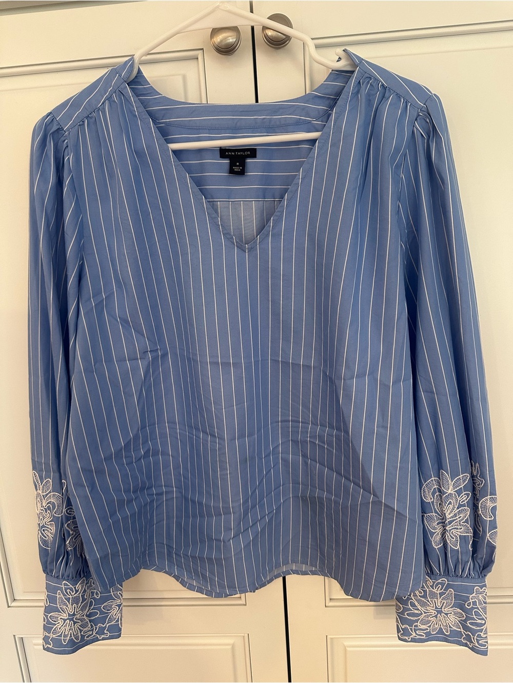Ann Taylor Blue Stripe V-Neck Blouse with Embroidered Cuffs. Medium